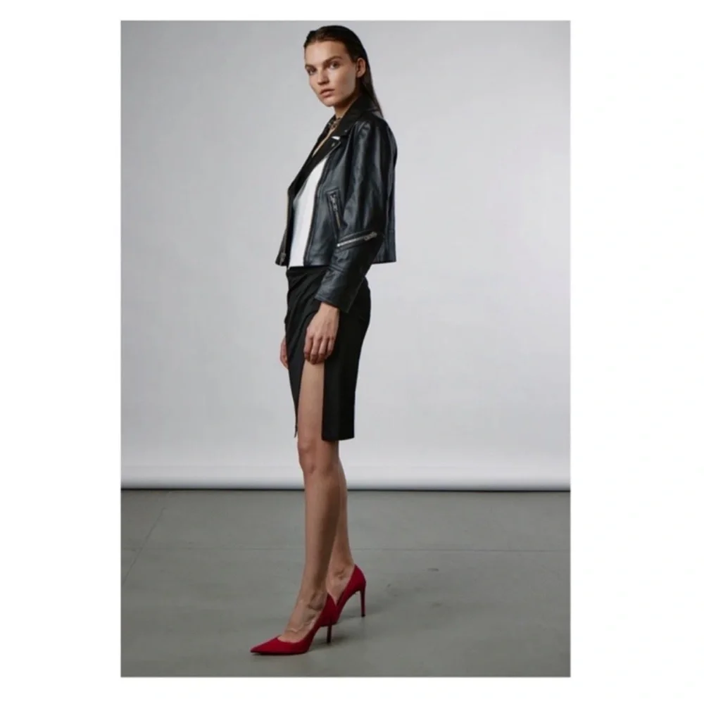 New! YIGAL AZROUEL Paneled Color Block Leather Moto Jacket in Black and White - Picture 6 of 13